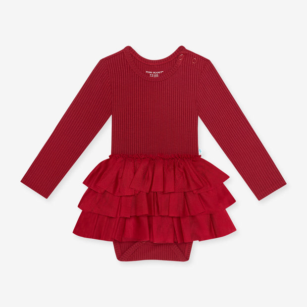 Dark Red Rib - Long Sleeve Tulle Skirt Bodysuit Posh Peanut