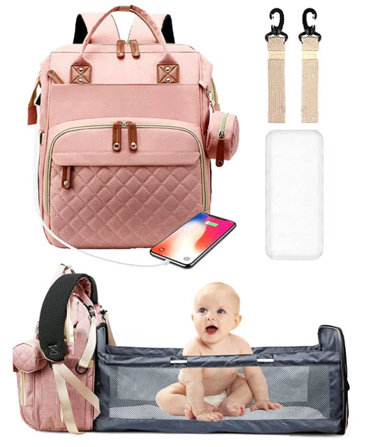3-in-1 Diaper Bag Backpack with Foldable Bed and USB Charger