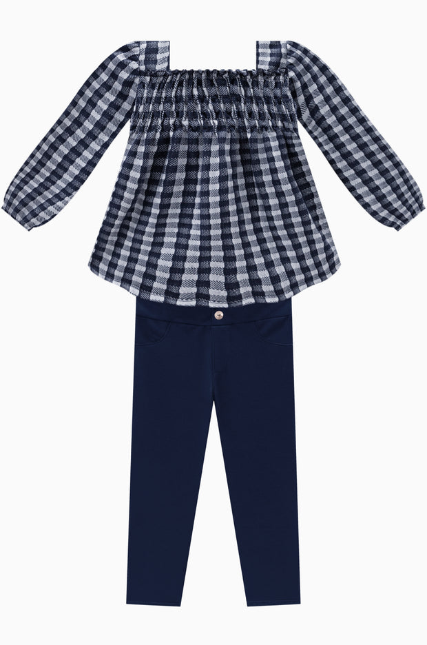 Navy plaid blouse with navy pants