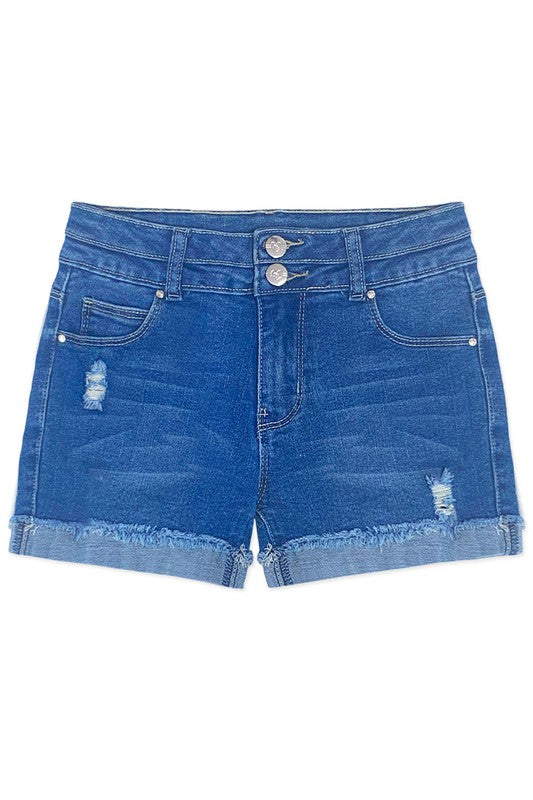 Girl's Premium Denim Shorts w/Distressed & 2 Buttons, Roll-Up Fray