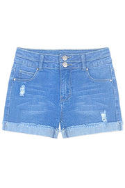 Girl's Premium Denim Shorts w/Distressed & 2 Buttons, Roll-Up Fray