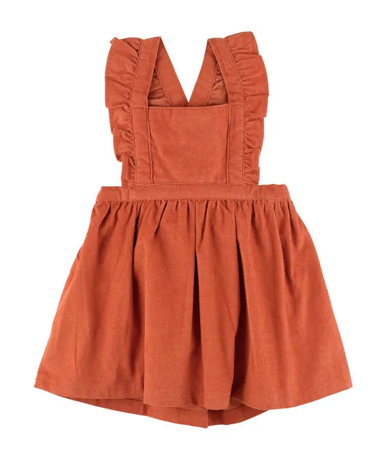 Burnt Sienna Corduroy Cross-Back Ruffle Dress