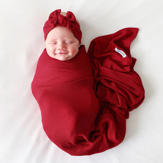 Maroon Waffle - Infant Swaddle and Headwrap Set Posh Peanut