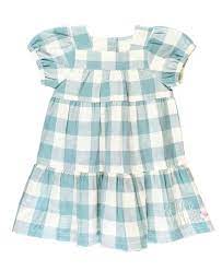 Antique Blue Plaid Puff Sleeve Tiered Dress