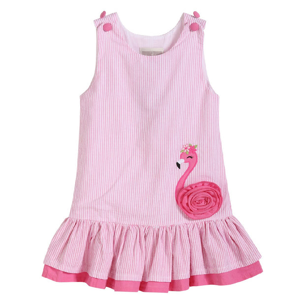 Pink Seersucker Flamingo Ruffle Dress