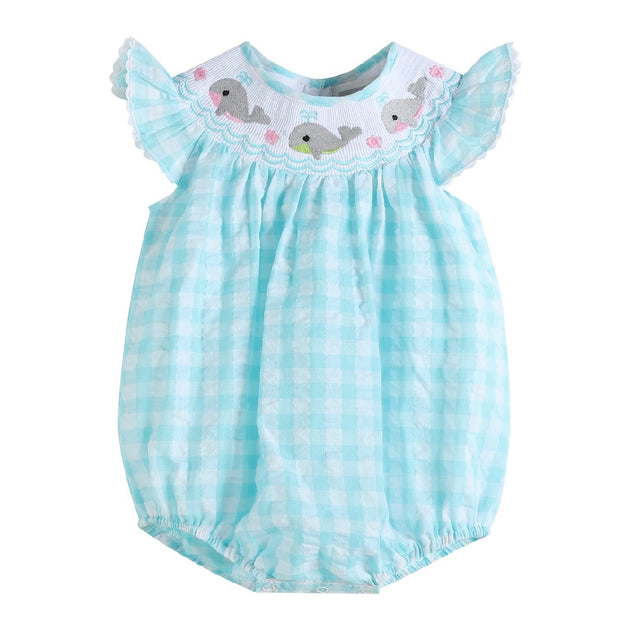 Turquoise Gingham Whale Smocked Flutter Bubble Romper
