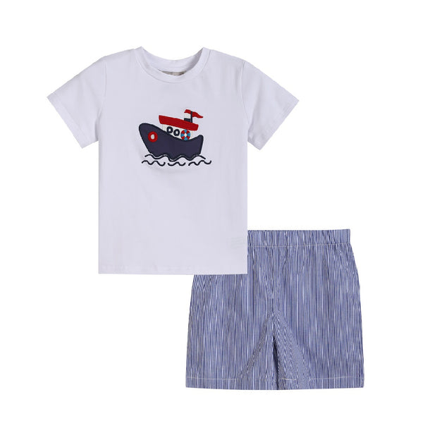 White Tugboat Shirt and Blue Shorts Set