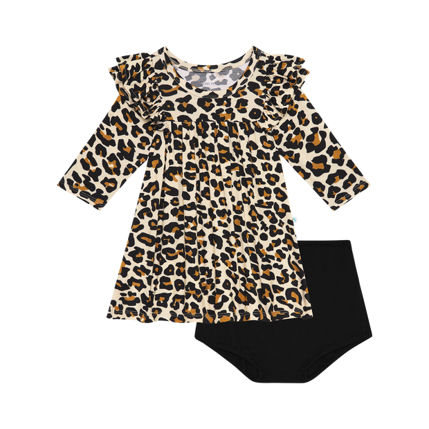 Lana Leopard- 3/4 Sleeve Flutter Dress & Bloomer Set- Posh Peanut