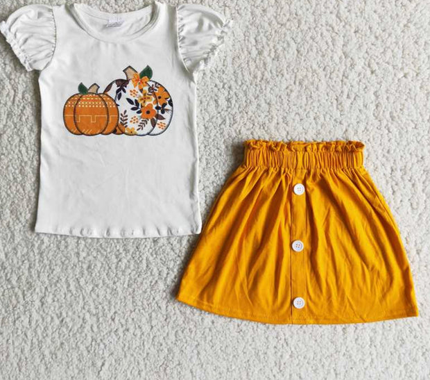 Pumpkin White Short Sleeve Top Button Skirt Set