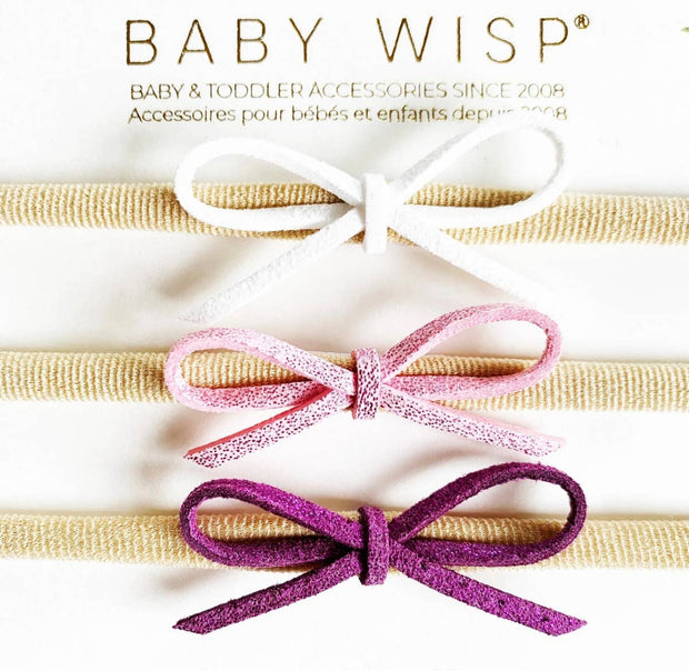 3 Suede Cord/hand tied Baby Bows/Headband Gift Set