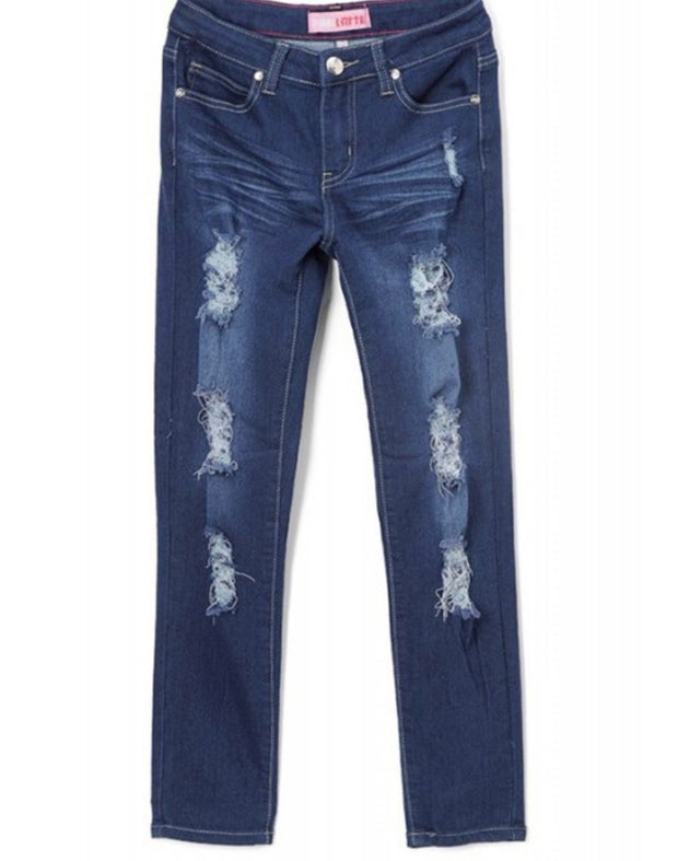 Dark Denim Girl's Yummy Stretch  Jeans w/ Distressed Detail - Wildflower Children's Boutique