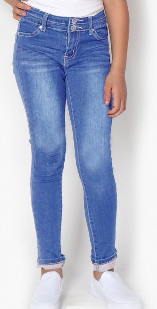Girl's Super Yummy  Denim Wash Basic Jeans w/ 2 button Waistband and Roll-up - Wildflower Children's Boutique