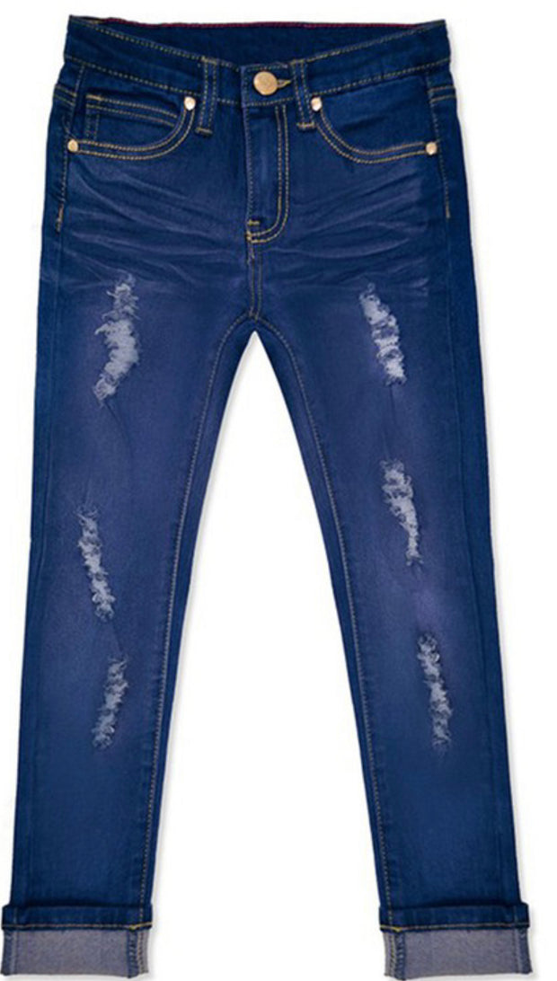 Blueberry Denim Girl's Yummy Wash Jeans Distressed w/ Wide Cuff  & Adjustable waist band - Wildflower Children's Boutique
